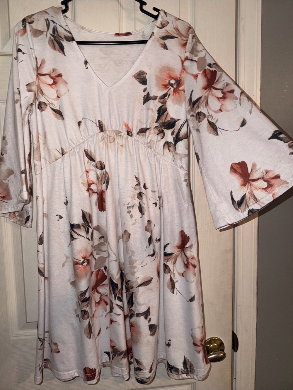 Floral V-Neck Babydoll Dress - Cream with Blush & Taupe Flowers
